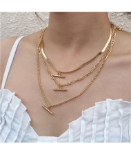 Wholesale Jewelry T-shape Pendant Triple Layers Chain Fashion Women Alloy Costume Necklace - Golden