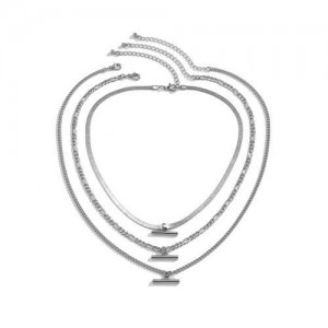 Wholesale Jewelry T-shape Pendant Triple Layers Chain Fashion Women Alloy Costume Necklace - Silver