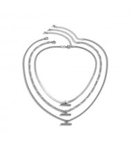 Wholesale Jewelry T-shape Pendant Triple Layers Chain Fashion Women Alloy Costume Necklace - Silver