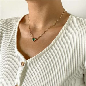 Vintage Style Heart Shape Rhinestone Minimalist Design Women Graceful Alloy Necklace - Green