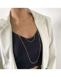 Round Beads Decorated Chain Dual Layers Minimalist Design Women Wholesale Costume Necklace - Golden