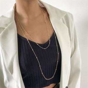 Round Beads Decorated Chain Dual Layers Minimalist Design Women Wholesale Costume Necklace - Golden