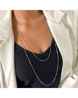 Round Beads Decorated Chain Dual Layers Minimalist Design Women Wholesale Costume Necklace - Silver