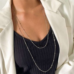 Round Beads Decorated Chain Dual Layers Minimalist Design Women Wholesale Costume Necklace - Silver