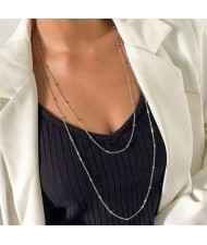 Round Beads Decorated Chain Dual Layers Minimalist Design Women Wholesale Costume Necklace - Silver