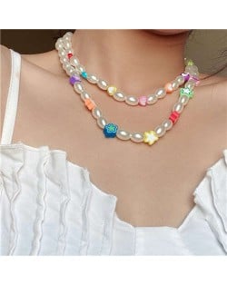 Multicolor Stars and Heart Embellished Oval Artificial Pearl Weave Short Women Cartoon Costume Necklace