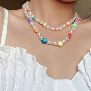 Multicolor Stars and Heart Embellished Oval Artificial Pearl Weave Short Women Cartoon Costume Necklace