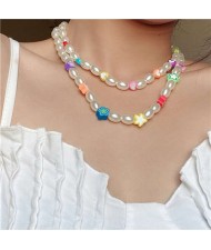 Multicolor Stars and Heart Embellished Oval Artificial Pearl Weave Short Women Cartoon Costume Necklace