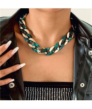 U.S. Fashion Wholesale Jewelry Punk Style Hollow-out Chain Bold Weaving Two-toned Chunky Necklace - Green