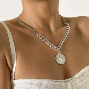 Vintage Ethnic Style Propitious Portrait Pendant Women Statement Necklace - Silver
