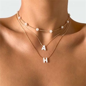 Artificial Pearl Alphabets Multi-layer Vintage Design Women Elegant Wholesale Necklace