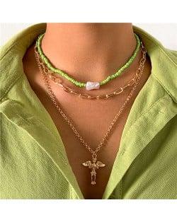 Vintage Ethnic Style Beads Angel Pendant Triple Layers Women Wholesale Necklace