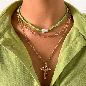 Vintage Ethnic Style Beads Angel Pendant Triple Layers Women Wholesale Necklace