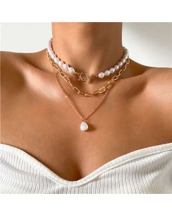 Artificial Pearl Waterdrop Pendants Triple Layers High Fashion Women Boutique Fashion Statement Necklace