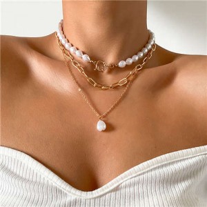 Artificial Pearl Waterdrop Pendants Triple Layers High Fashion Women Boutique Fashion Statement Necklace