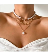 Artificial Pearl Waterdrop Pendants Triple Layers High Fashion Women Boutique Fashion Statement Necklace