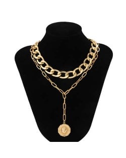 Wholesale Jewelry Portrait Pendant Chain Combo Dual Layers Women Chunky Necklace - Golden