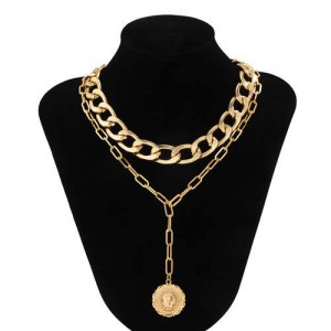 Wholesale Jewelry Portrait Pendant Chain Combo Dual Layers Women Chunky Necklace - Golden