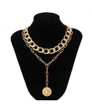 Wholesale Jewelry Portrait Pendant Chain Combo Dual Layers Women Chunky Necklace - Golden