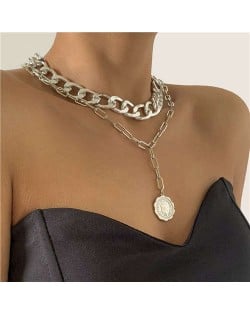 Wholesale Jewelry Portrait Pendant Chain Combo Dual Layers Women Chunky Necklace - Silver