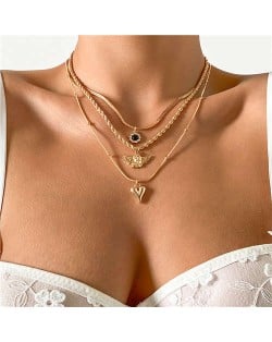 Rhinestone Inlaid Vintage Heart Shape Multi-layer Angel Snake Bone Chain Women Boutique Fashion Necklace - Golden