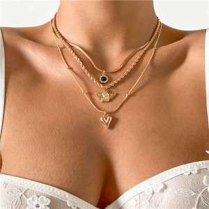 Rhinestone Inlaid Vintage Heart Shape Multi-layer Angel Snake Bone Chain Women Boutique Fashion Necklace - Golden