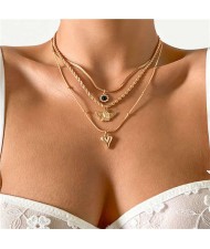 Rhinestone Inlaid Vintage Heart Shape Multi-layer Angel Snake Bone Chain Women Boutique Fashion Necklace - Golden