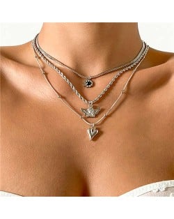 Rhinestone Inlaid Vintage Heart Shape Multi-layer Angel Snake Bone Chain Women Boutique Fashion Necklace - Silver