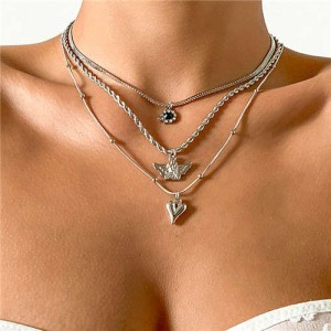 Rhinestone Inlaid Vintage Heart Shape Multi-layer Angel Snake Bone Chain Women Boutique Fashion Necklace - Silver