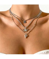 Rhinestone Inlaid Vintage Heart Shape Multi-layer Angel Snake Bone Chain Women Boutique Fashion Necklace - Silver