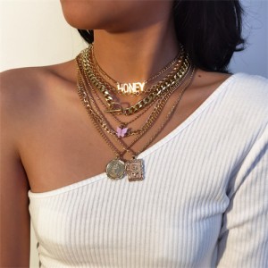 Rhinestone Inlaid Butterfly Pendant Multi-layer Chain Boutique Fashion Women Necklace - Golden