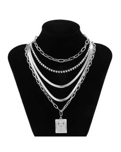 Rhinestone Inlaid Butterfly Pendant Multi-layer Chain Boutique Fashion Women Necklace - Silver