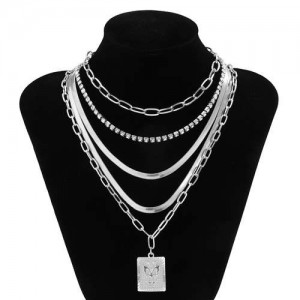 Rhinestone Inlaid Butterfly Pendant Multi-layer Chain Boutique Fashion Women Necklace - Silver