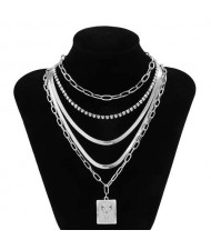 Rhinestone Inlaid Butterfly Pendant Multi-layer Chain Boutique Fashion Women Necklace - Silver