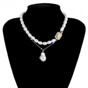Baroque Style Wholesale Jewelry Oval Artificial Pearl Gem Embellished Women Elegant Choker Necklace - Silver and Champagne