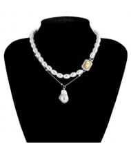 Baroque Style Wholesale Jewelry Oval Artificial Pearl Gem Embellished Women Elegant Choker Necklace - Silver and Champagne