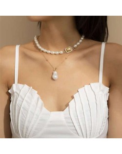 Baroque Style Wholesale Jewelry Oval Artificial Pearl Gem Embellished Women Elegant Choker Necklace - Gold and Champagne