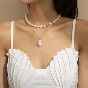 Baroque Style Wholesale Jewelry Oval Artificial Pearl Gem Embellished Women Elegant Choker Necklace - Gold and Champagne