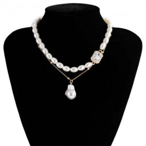 Baroque Style Wholesale Jewelry Oval Artificial Pearl Gem Embellished Women Elegant Choker Necklace - Gold and White