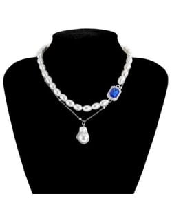Baroque Style Wholesale Jewelry Oval Artificial Pearl Gem Embellished Women Elegant Choker Necklace - Silver and Blue
