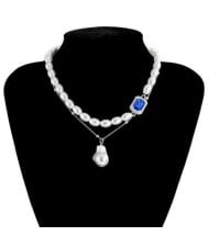 Baroque Style Wholesale Jewelry Oval Artificial Pearl Gem Embellished Women Elegant Choker Necklace - Silver and Blue
