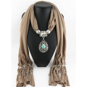 Trendy Metal Water Drop Pendant Scarf Necklace - Brown