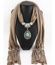 Trendy Metal Water Drop Pendant Scarf Necklace - Brown