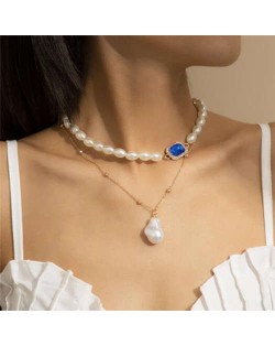 Baroque Style Wholesale Jewelry Oval Artificial Pearl Gem Embellished Women Elegant Choker Necklace - Gold and Blue