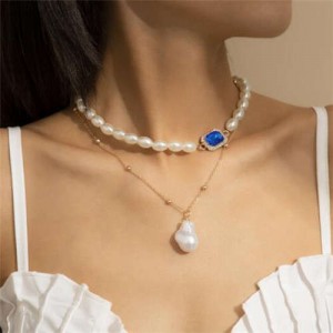 Baroque Style Wholesale Jewelry Oval Artificial Pearl Gem Embellished Women Elegant Choker Necklace - Gold and Blue