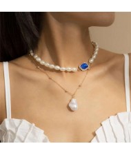 Baroque Style Wholesale Jewelry Oval Artificial Pearl Gem Embellished Women Elegant Choker Necklace - Gold and Blue