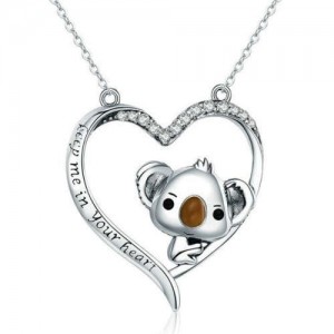 Korean Style Heart Hollow-out Koala Inlaid Design Boutique Fashion 925 Sterling Silver Jewelry Necklace