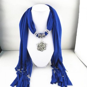 Silver Rose Pendant Scarf Necklace - Blue