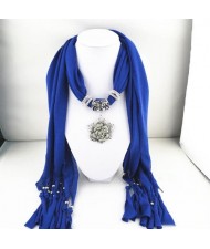 Silver Rose Pendant Scarf Necklace - Blue