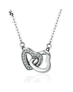 Korean Style Dual Linked Heart Shape Simple Design Wholesale Sterling Silver Jewelry Women Necklace